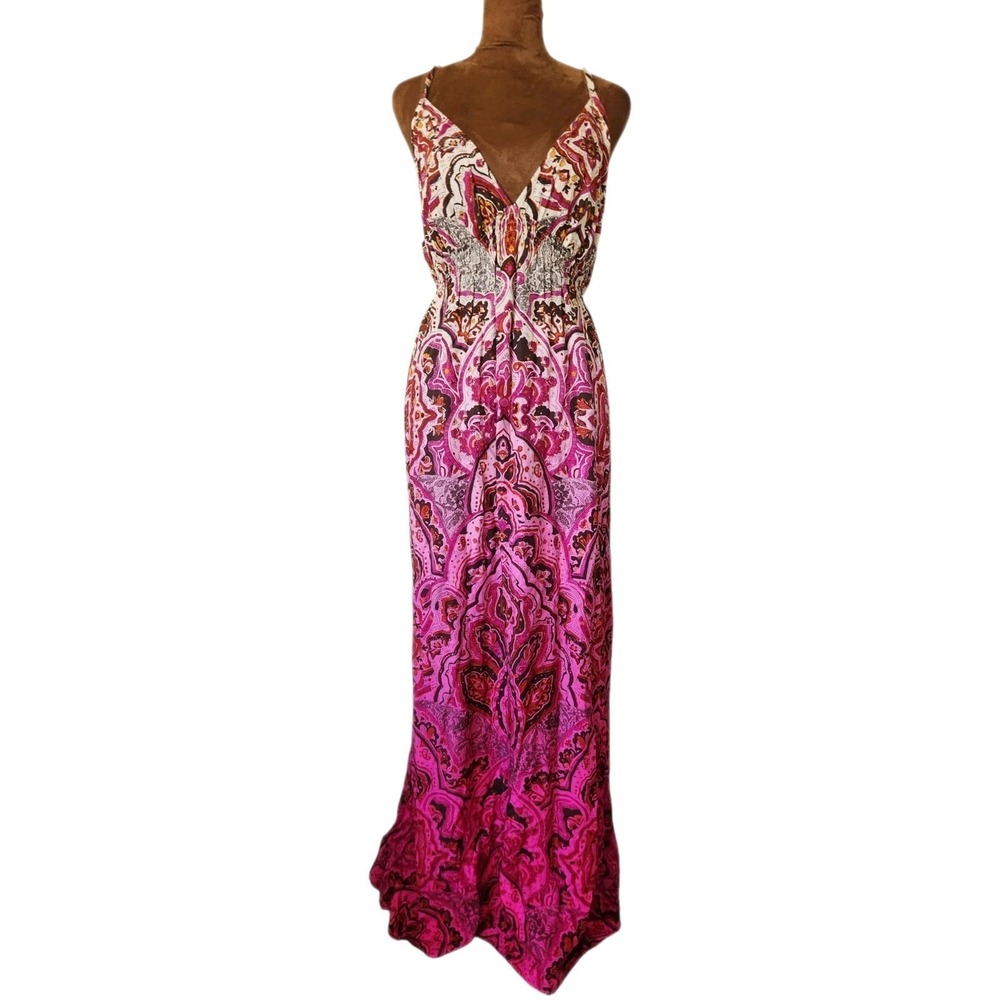 Vintage Lucky Brand Y2K Floral Empire Waist Boho Pink Maxi Dress Sundress XL